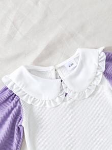 2-częściowy dziewczęcy, swobodny top z materiału waflowego z kołnierzykiem w kwiaty, z długim rękawem i jednokolorowymi spodniami dzwonami, wiosna/jesień