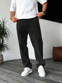 宽松无弹力直筒棉质牛仔裤，休闲水洗宽松牛仔裤，情侣款直筒宽松水洗牛仔裤，Y2K风格休闲裤，带纽扣和拉链，适合所有季节 - 黑色 - 查看 2