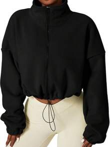 Women's Fleece Zip-Up Drawstring Waist Casual Sweatshirt, Elegant And Comfortable - Black - View 2