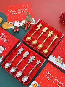 4pcs Creative Christmas Stainless Steel Spoons,Christmas Spoon Set,Christmas Gift Decor,Christmas Gift Gift Box,Fruit Spoons,Dessert & Coffee Spoons, Christmas-Themed Cartoon Cutlery Set,Stirring Mixing Spoons,Creative Stainless Steel Coffee Spoons - Multicolor - View 13