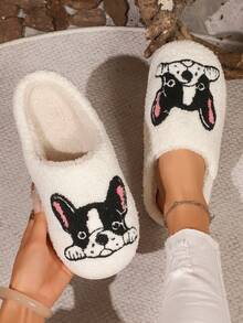 Adorables chaussons de maison à motif de chien brodé, chaussons mous et confortables avec semelle antidérapante, convenant pour l'hiver