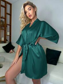 1 buc Halat de baie elegant cu nod pentru femei, toamnă/iarnă, culoare solidă, halat de baie din satin îngroșat pentru femei în toamnă și iarnă | Cămașă de noapte scurtă și sexy din mătase | Cadou pentru domnișoarele de onoare și cele mai bune prietene | Un must-have pentru zeițele cărora le place să stea acasă - Gri inchis - Vizualizare 2