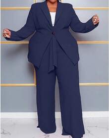 Plus Size Women's Business Open Front Long Sleeve Elastic Waist Solid Straight Leg Pant Set - Office Suits ZANC - 藏蓝色 - 查看 3