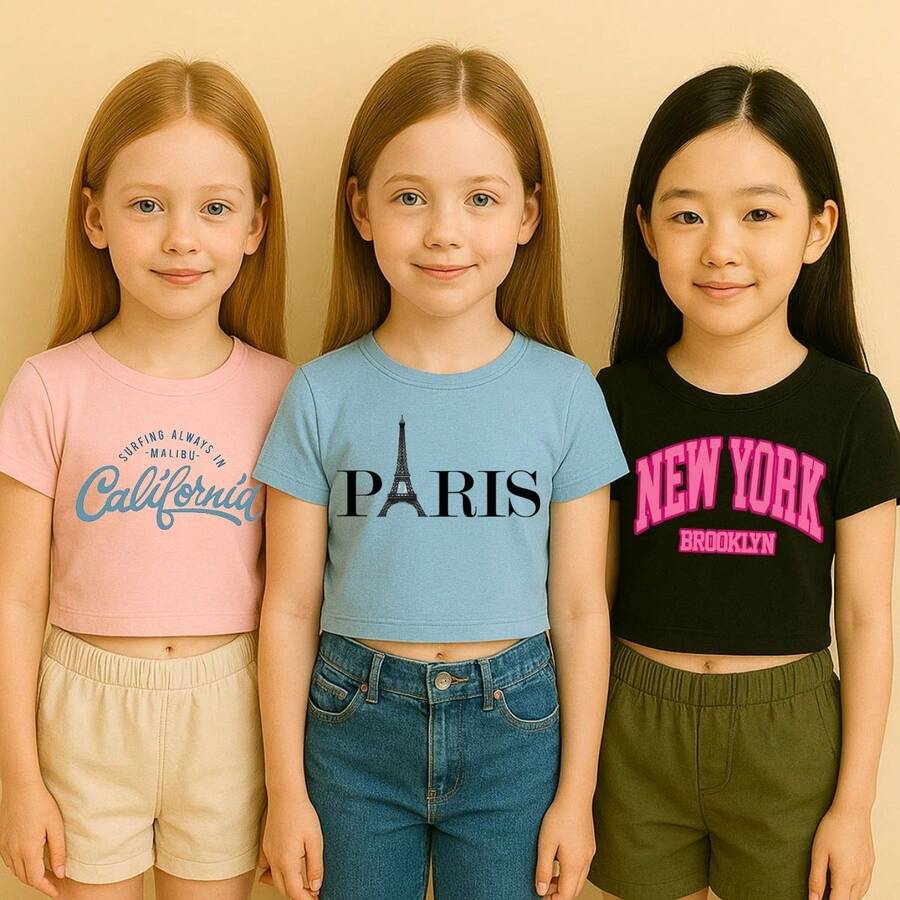 Conjunto Meninas Blusa Infantil 3 T-Shirt Estilosa Mini Diva Roupa De Blogueirinha Fashion Style Modinha - Rosa-Azul-Preto - Visão 1