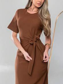 Long Dress With Short Sleeves With Belt Formal And Evening V775 - Rust Brown - View 7