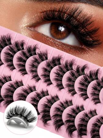 Hinarin 10对D型卷翘3D效果轻盈假睫毛，自然蓬松，浓密猫眼妆，可重复使用，适合派对和节日佩戴。