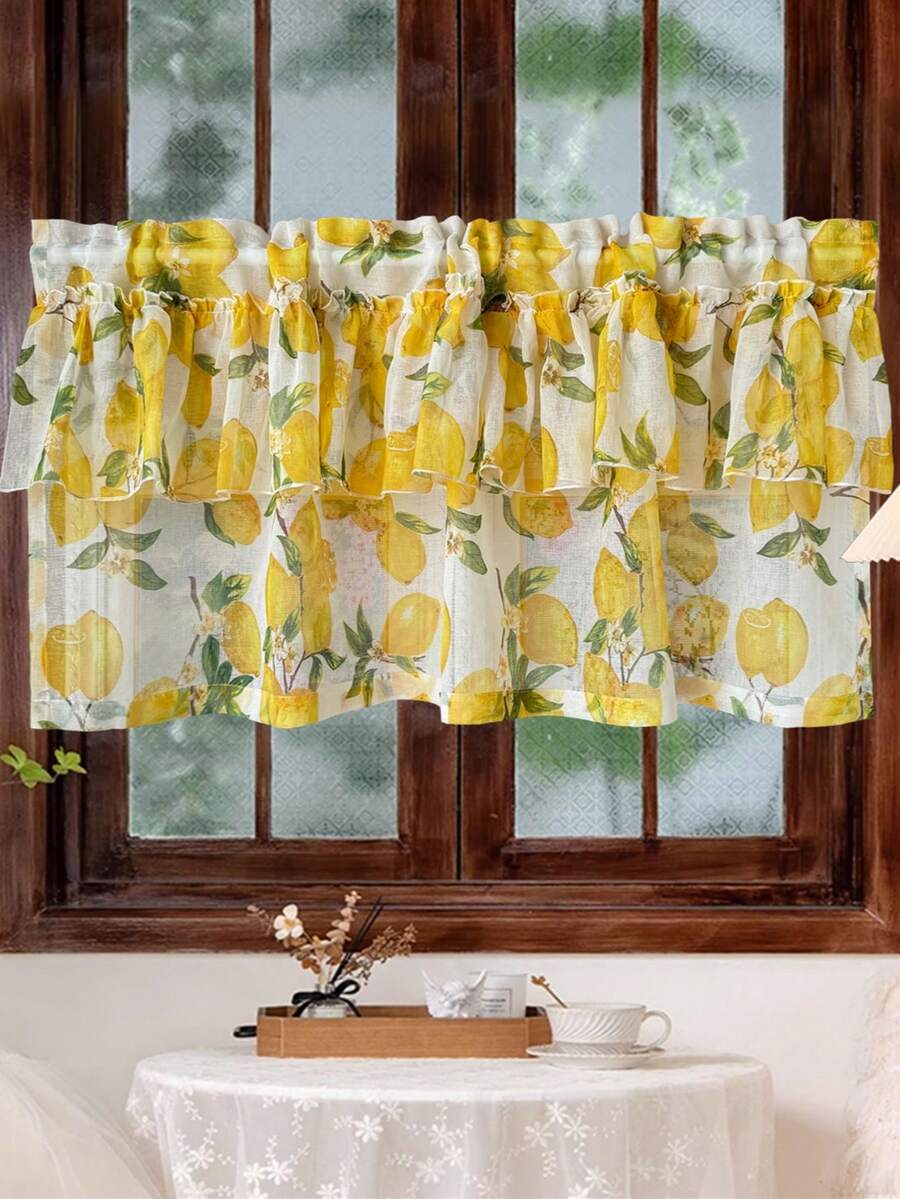 1 件乡村风格黄色柠檬图案双层透明短窗帘帷幔，滤光设计，咖啡厅窗帘帷幔，适用于厨房浴室餐厅窗户 - 黃色 - 查看 1