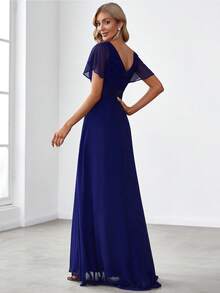EVERPRETTY Elegant V-Neck Ruffle Butterfly Sleeve Bridesmaid Dress - Blue - View 3