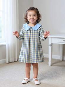 年轻女孩格子领长袖中长连衣裙，时尚优雅，适合日常外出、度假、聚会、秋冬 - 藍色 - 查看 2