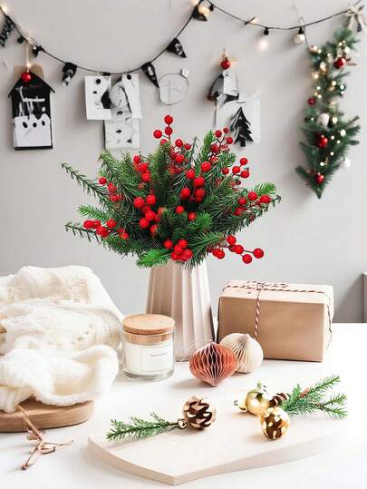 3pcs/15pcs/30pcs Christmas Artificial Pine Branches Picks Ornament,Winter Plastic Simulated Pine Needles Greenery Stems Cutting,Faux Red Holly Berries Fake Green Christmas Picks For DIY Christmas Garland Wreath Xmas Decoration Xmas Tree Decorations Xmas Home Table Vase Decor,Indoor Outdoor Window Door Garden Patio Decorations,For Xmas,Eve,Party,New Year,Wedding Birthday Decoration,Festival Celebration Scene Decor,Holiday Essentials Gift Christmas Decorations Room Decor