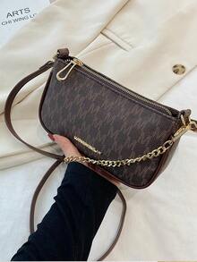 2025 New Fashion Classic Clown Print Pattern Design Metal Chain Decor Underarm Baguette Bag, Suitable For Shopping - Coffee Brown - View 6