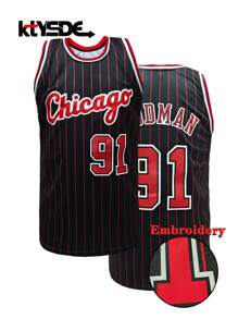KTYSDE Men's #91 Black & Red Striped Retro Basketball Jersey, Chicago Letter & Number Embroidery, Loose Fit Sleeveless Crew Neck Tank Top, Suitable For Basketball, Sports, Running, Streetwear, Unisex - Black - View 1