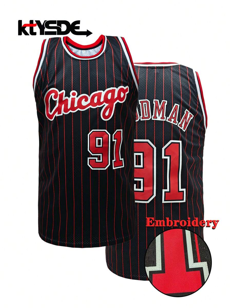 KTYSDE Men's #91 Black & Red Striped Retro Basketball Jersey, Chicago Letter & Number Embroidery, Loose Fit Sleeveless Crew Neck Tank Top, Suitable For Basketball, Sports, Running, Streetwear, Unisex - Black - View 1