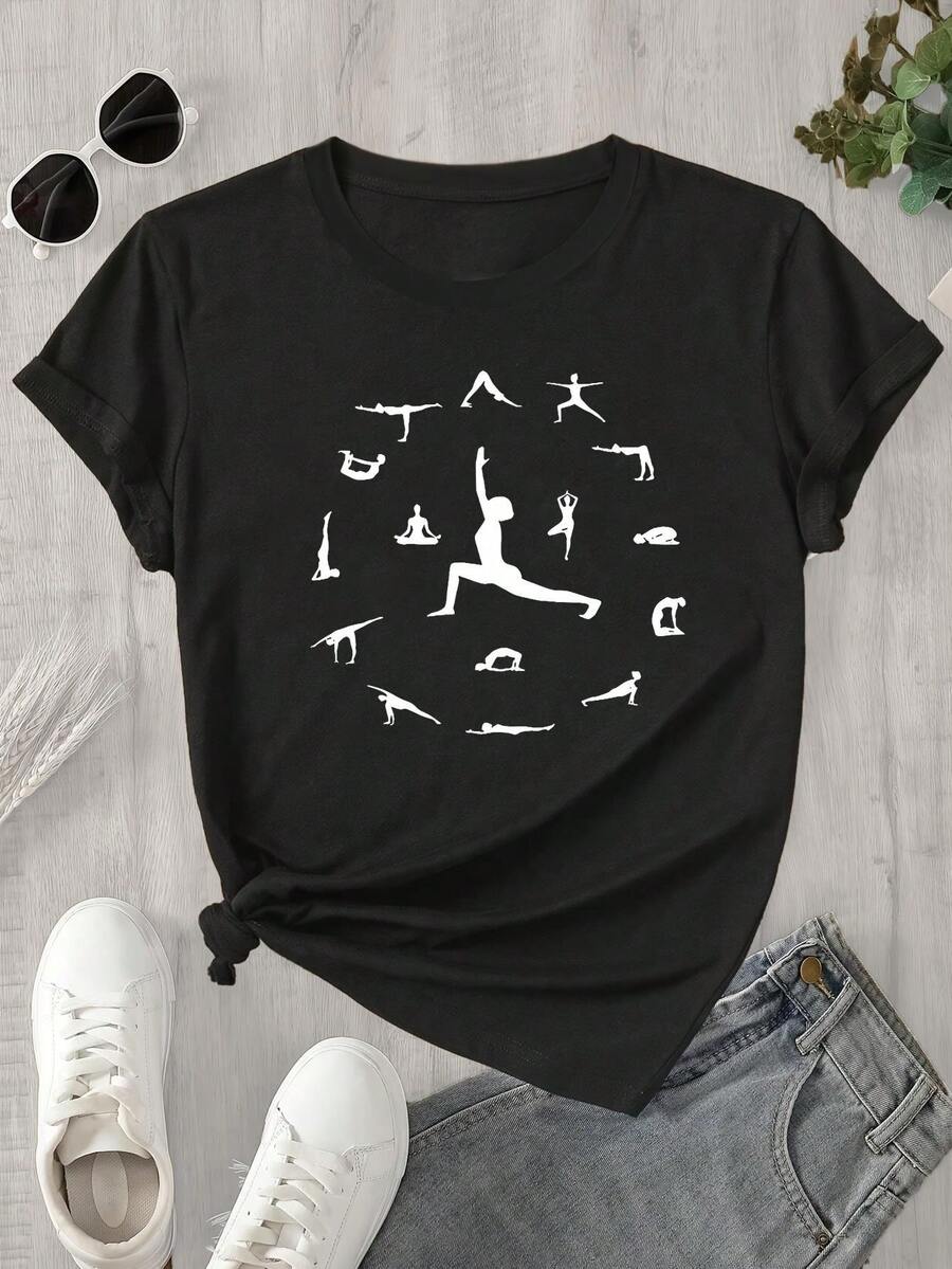 Women's Soft 100% Cotton Yoga Graphic Tee - Short Sleeve, Black With White Yoga Pose Print, Casual Graphic Tees; Comfortable Activewear For Spring/Summer, Summer Tshirt | Artistic Print Top | Relaxed Fit Top - Black - View 1
