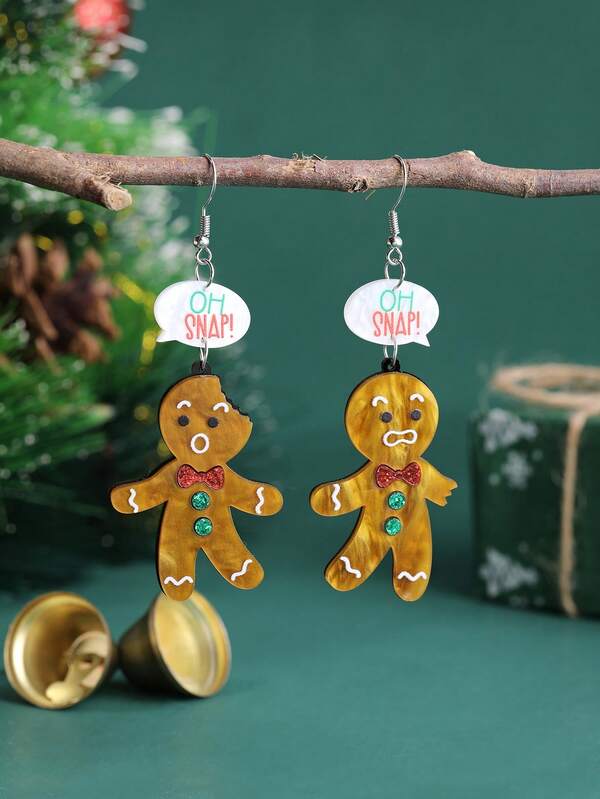 1Pair Cute Glittering Acrylic Snowflake Gingerbread Man Bitten Off Dialogue Drop Earrings For Women For Merry Christmas Day Party Jewelry Accessories