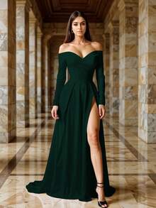 Vestido Largo Escote Corazón Asimétrico Abertura Alta Ajustado Manga Larga Corte Imperio Drapeado Espalda Descubierta Casual y Elegante Moda Mujer - Verde Botella - Ver 3