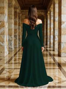 Vestido Largo Escote Corazón Asimétrico Abertura Alta Ajustado Manga Larga Corte Imperio Drapeado Espalda Descubierta Casual y Elegante Moda Mujer - Verde Botella - Ver 7
