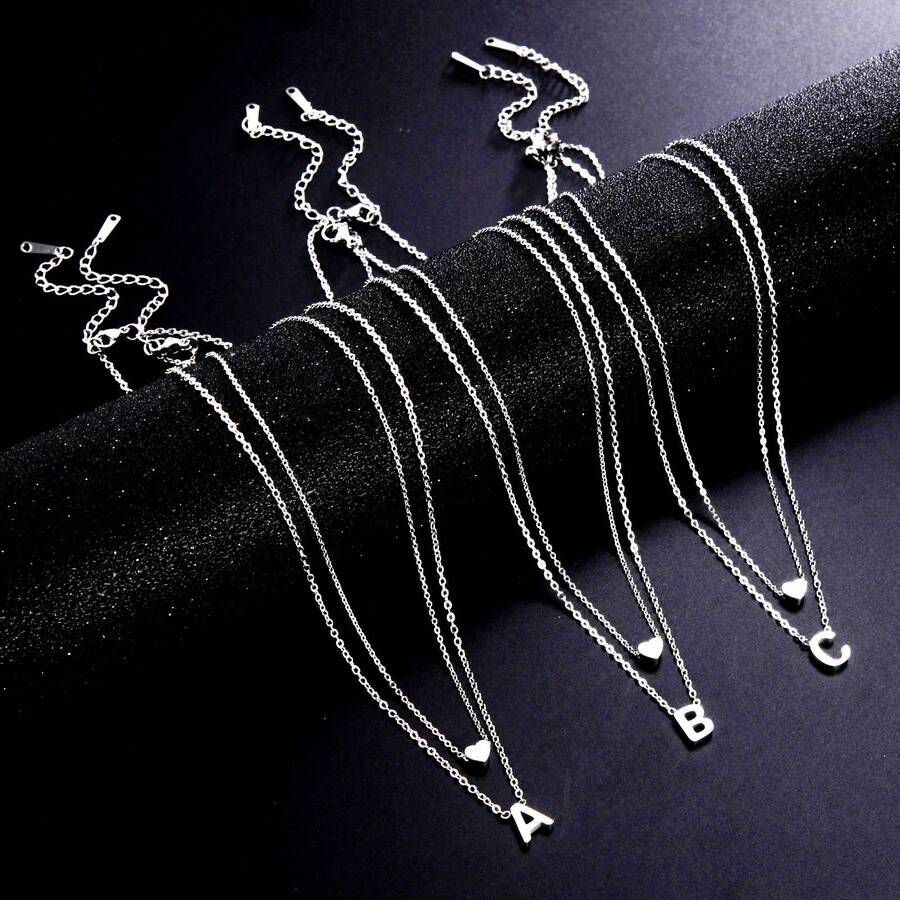 Set Of 2 Exquisite And Elegant Necklaces For Women With Letter Pendant And Heart Pendant, 18k Gold Plated Or 925 Silver Plated - 銀色 - 查看 1