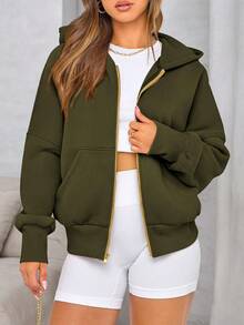 Women Casual Zipper Hoodie Long Sleeve Sweatshirt Y2K Hooded Jacket Fall Autumn Winter Going Out Clothes - 軍綠色 - 查看 5