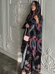 印花开衫头巾中东迪拜风格长袍，链条印花时尚女士长袍 - 印花色 - 查看 4