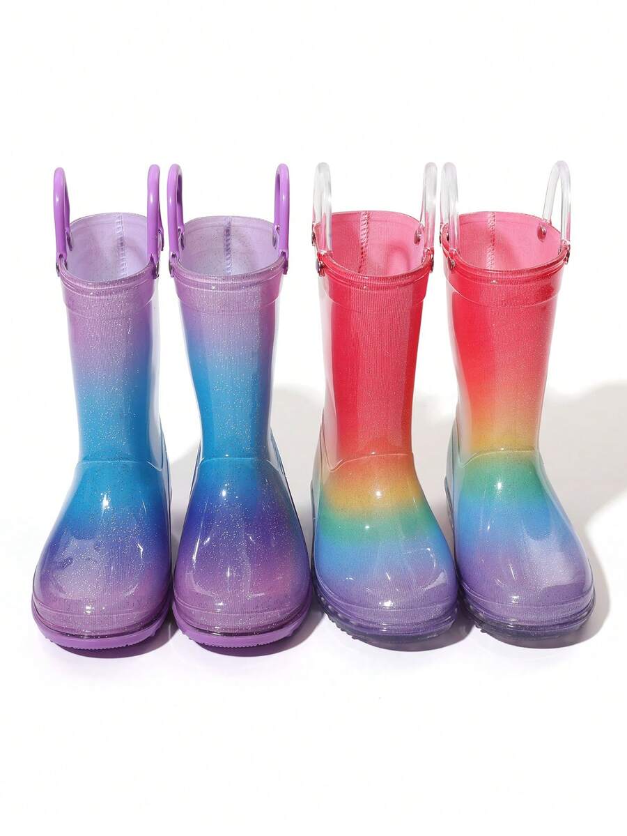 1 Pair Adorable Princess-Style Colorful Crystal Rain Boots, Soft & Durable Soles, Seamless Round Toe, High-Top Design, Lightweight Body, Girls/Toddlers Rain Boots For School, Camping, Beach, Outdoor, Sturdy Double Handles, Shiny Crafted Uppers, Suitable For All Seasons