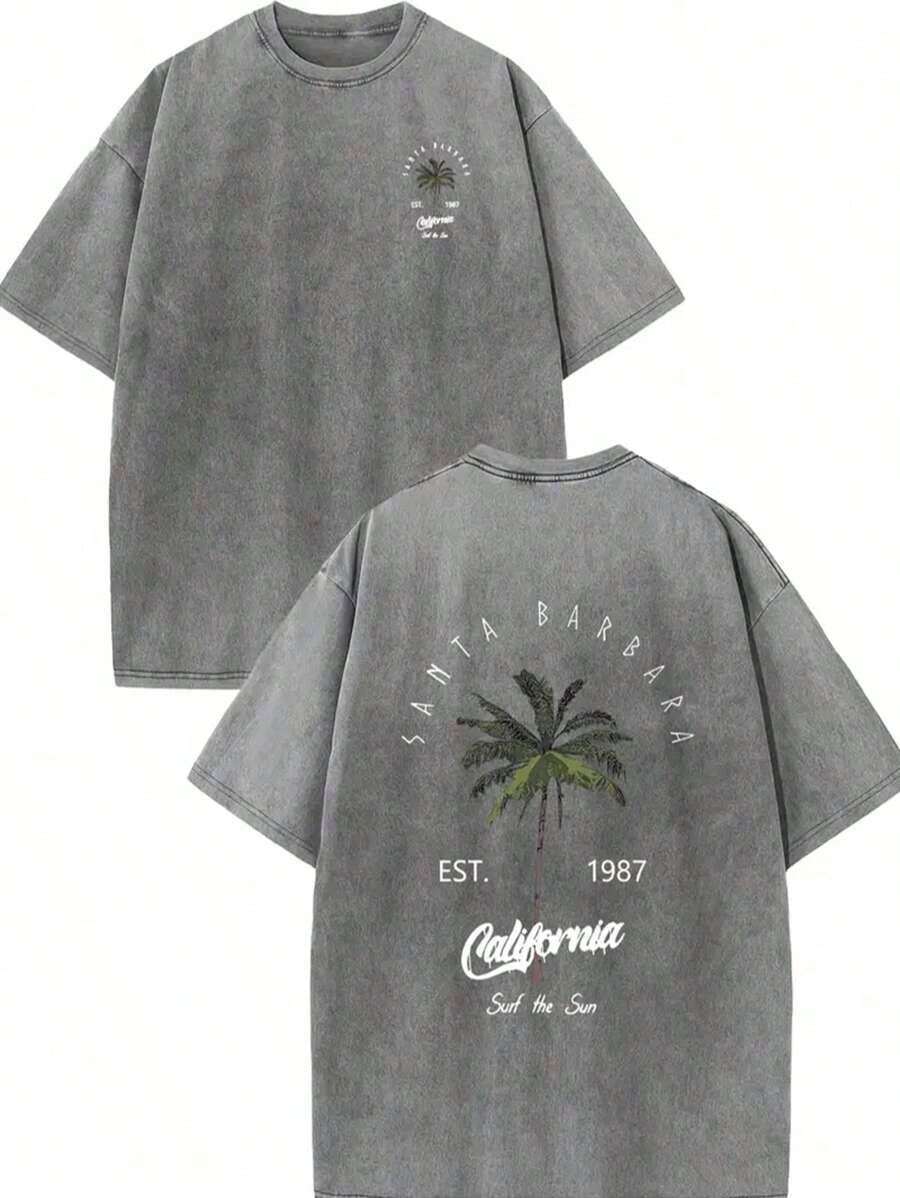 2026 Summer Tops Retro California Style Cotton T-Shirt-"Est.1989" Coconut Tree Design, Short Sleeves, Round Neck, Casual Summer Clothes, Machine Washable, Summer Casual Clothes| TiedyeT T-Shirt Back Design, Retro T-Shirt.Loose And Comfortablesummer Clothes - Xám - Xem 1