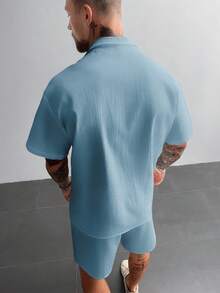 男士夏季两件套，轻盈透气的亚麻衬衫和抽绳短裤套装，复古绅士风格休闲沙滩婚礼派对度假旅行装，父亲节送给丈夫、爸爸、男友的礼物 - 藍色 - 查看 8