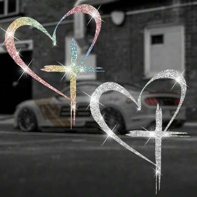 Shiny Heart Cross Vinyl Sticker - Perfect For Car, Truck, Van, Wall, Laptop, And More - Adhesive, Reusable, And Sparkly