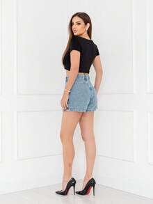 WL Moda Women's Simple Casual Denim Skirt Shorts With Side Pockets And Side Button Slim Fit For Summer - Rửa trung bình - Xem 8