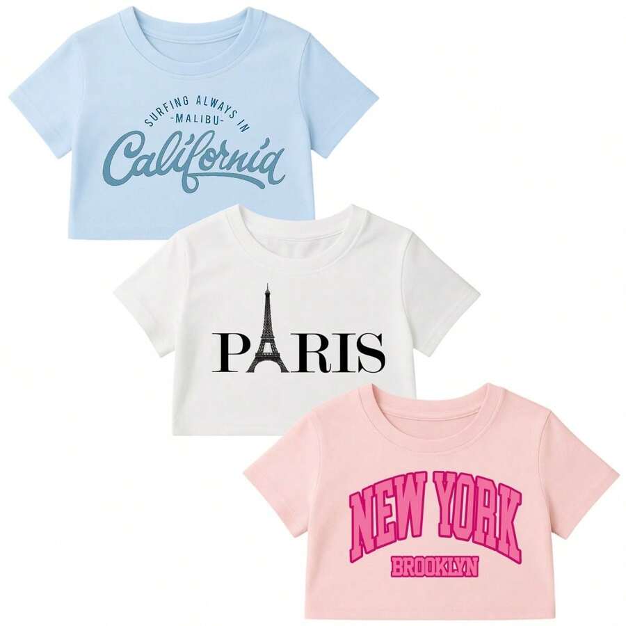 Girls Set Children's Blouse 3 T-Shirt Stylish Mini Diva Blogger Outfit Fashion Style Modinha - 藍白粉紅 - 查看 1