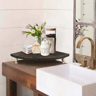 Estantería de esquina de madera rústica con patas desmontables - Bandeja de decoración de estilo granja para exhibición en cafetería/baño/comedor, organizador de esquina de madera y estante de baño, ideal para resaltar centros de mesa