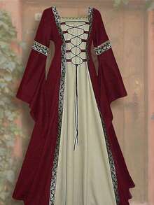 European And American Square Collar Tied Waist Dress, Medieval Renaissance Dress, Halloween Costume - 黑色 - 查看 18