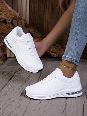 1 par de zapatos casuales de caña baja para adolescentes, con suela de cojín de aire, parte superior de unicolor, zapatillas deportivas gruesas con cordones de moda