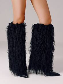 Bốt cao đến đầu gối bằng lông cho phụ nữ, bốt cao gót nhọn dành cho phụ nữ, bốt nửa đầu bằng lông, bốt dài mùa đông, bốt lông xù - màu đen - Xem 6