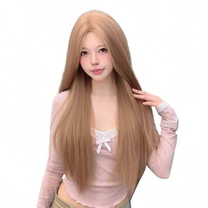 alicegarden Forehead Lace 4 * 1, Forehead Lace Straight Wig, Linen Gold 30 Inch Long Straight Wig, Daily Natural Semi Woven, Natural Daily Use Realistic Wig