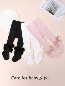 3 pary rajstop dla dziewczynek z kokardką, podstawowe dopasowanie dla dzieci w wieku 0-3 lat
