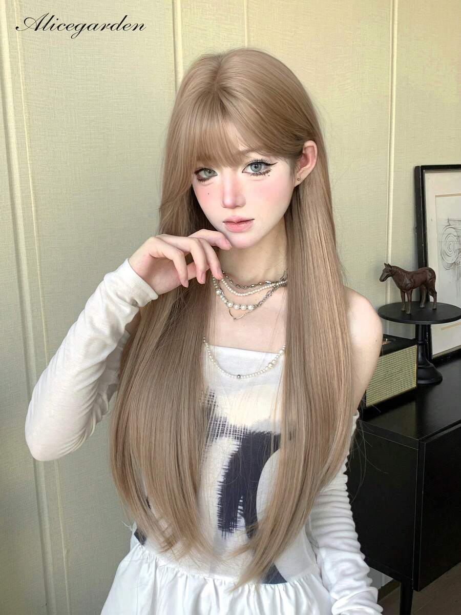 alicegarden 1 hitzebeständige synthetische Perücke, lange braune gerade Perücke mit Pony-Stil, 30 Zoll lang, aus Kunstfaser, für täglichen Partygebrauch, natürliche und realistische Perücke (ohne Zubehör) - Braun - Übersicht 1