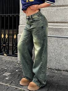 ¡BRILLO Clásico! Pantalones Vaqueros Rectos Mujer de Color Sólido - Tiro Medio, Lavado Vintage, Estilo Retro - Retro - Ver 4