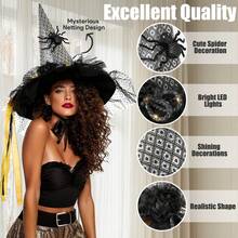 Witch Hat For Women Costume, Witch Hats With Lights Halloween Adult And Teens Women's Large Witches Hat Costume Accessories For Party Cosplay Sorcerer Cap For Festival Party Masquerade For Halloween Party Decorations - 黑色(黑橙飄帶) - 查看 3