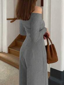 优雅时尚斜肩褶饰设计长袖阔腿连体裤，秋季新品