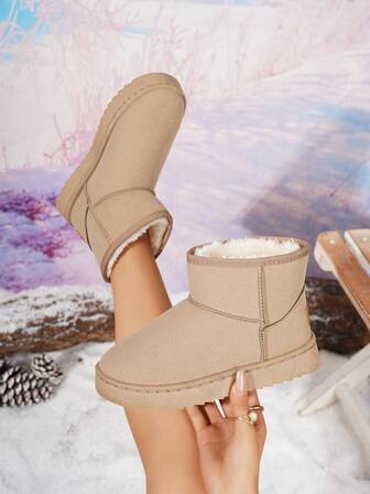 Women's Retro Fashion Elegant Solid Color Outdoor Fleece Snow Boots, Thick Sole Anti-Slip Short Boots, Warm And Cold-Proof, Winter New Thick And Warm Anti-Freeze Snow Boots, Waterproof And Anti-Slip Comfortable Snow Boots, Unisex Design, Outdoor Anti-Slip Comfortable Shoes With Thick Flat Soles Winter Slippers