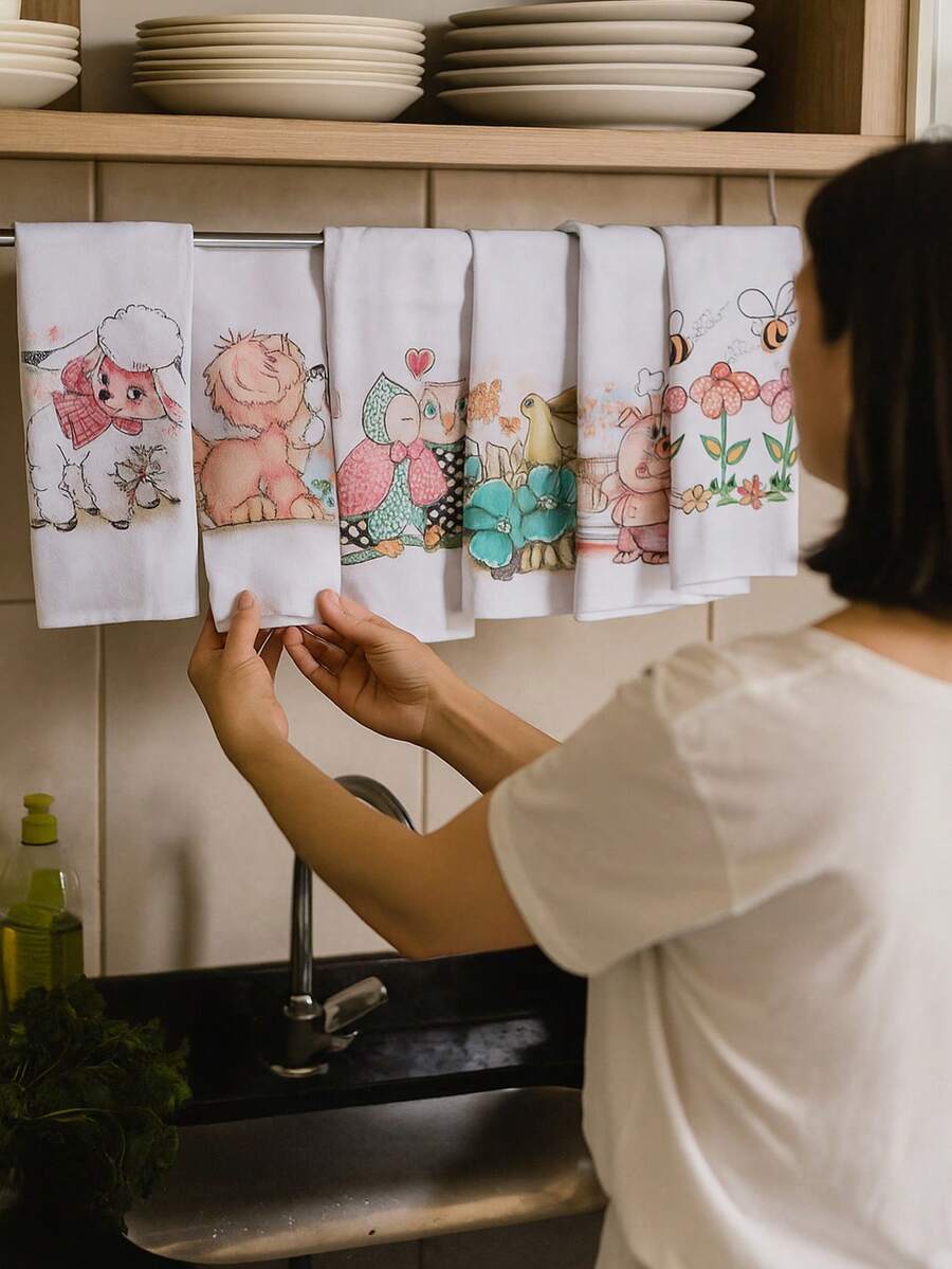 Kit Of 10 Cotton Dishcloths With Printed Hem, Quick Drying - 白色 - 查看 1