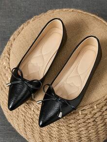 2025 Nuevos zapatos planos casuales y cómodos con lazo decorativo y punta francesa, disponibles en múltiples tallas - Negro - Ver 1