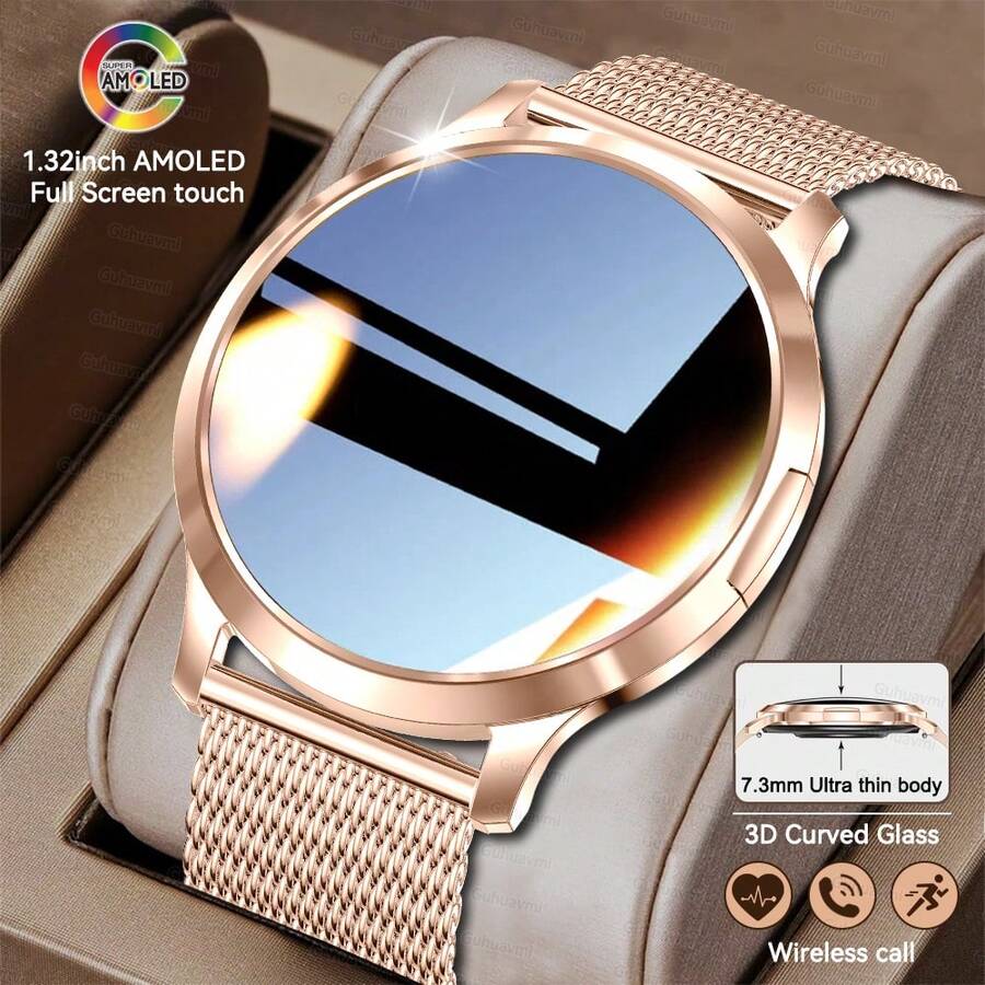 1pc Ladies Fashionable Luxury Smartwatch, 1.32inch HD AMOLED Screen Touch, 3D Curved Glass, 7.3mm Ultra Thin Alloy Body, Hidden Button Design, With HD Wireless Call, Receive Messages, Voice Assistant, DIY Watch Face, Music/Photograph Control, Multi Functional Smartwatch, Sleep Monitoring, Female Cycle Reminder, Fitness Tracker, Motion Track, Multi-Sport Modes Smart Watch Women, Compatible With Android IOS