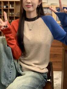 Suéter de mujer con diseño de bloques de color en cuello redondo y mangas raglán, para otoño/invierno - Multicolor - Ver 5
