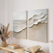 2 pièces par set, art mural sur canevas avec cadre, peinture sur canevas de vague, art mural Wabi-Sabi aux tons neutres, décoration thème océan, décoration moderne pour la maison, décoration de chambre, décoration de dortoir, décoration de chambre à coucher, décoration de salle de bain, décoration de salon, décoration de couloir. - Multicolore - Voir 5