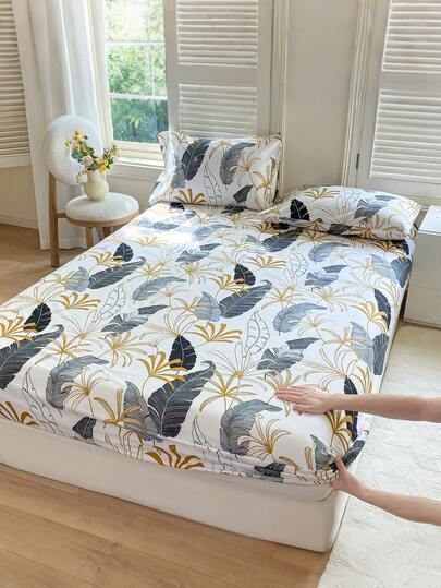 1Pc Tree Branches Leaf Flower Pattern Fitted Sheet, Mattress Protector,Christmas Mattress Cover For Bed, Fitted Sheet, Soft And Breathable, For All Size Bed Christmas Day Gift 