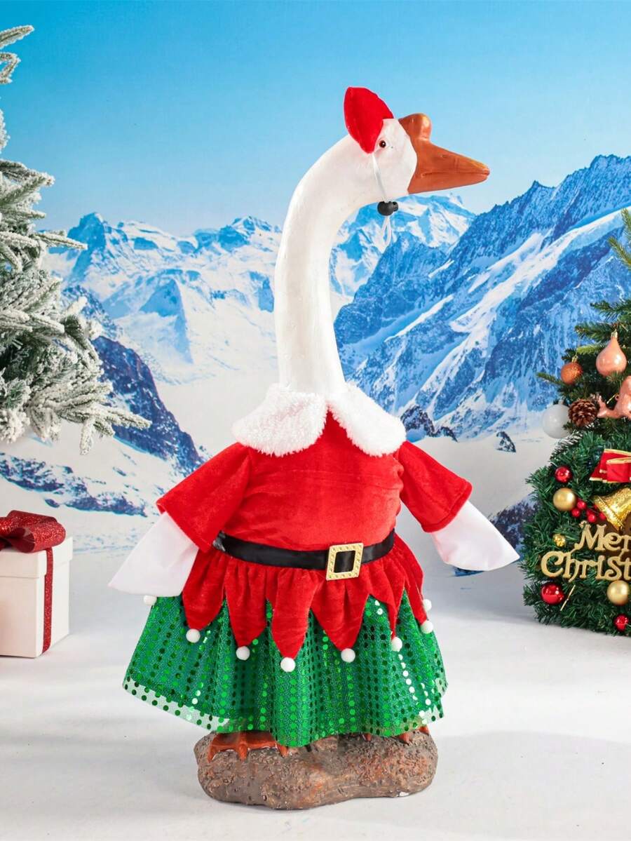 Porch Goose Christmas Outfits Fur Trim Mesh Dress And Bow Headband 2 Pcs Set Lawn Goose Clothes - 彩色 - 查看 1