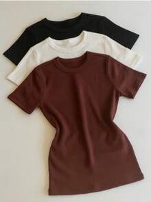 Kit 3 Peças Blusa Tshirt Manga Curta Feminina Lisa Tecido  Canelado Ribana Algodão cumprida Básica - PRETO+MARROM+OFF - Visão 2
