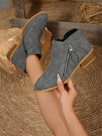 Women's Chunky Heel Ankle Boots, Low Heel Side Zipper Short Boots, Solid Color Pointed Toe Ladies Boots, Suitable For Holidays, Vacations And Travel, Classic Versatile Women Boots